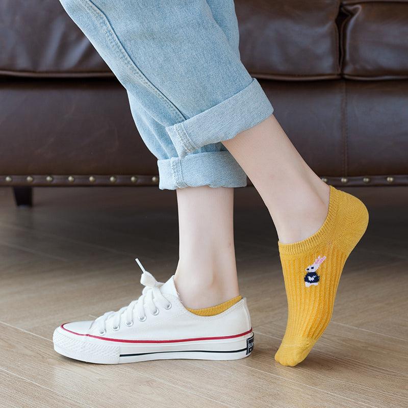 5 paires de chaussettes mignonnes à imprimé animal Kawaii, invisibles, amusantes, pour femmes, en coton, pour l'été, en silicone antidérapant, socquettes bateau pour hommes et femmes