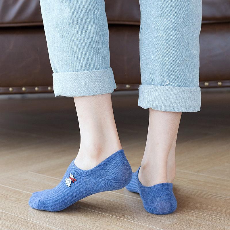 5 paires de chaussettes mignonnes à imprimé animal Kawaii, invisibles, amusantes, pour femmes, en coton, pour l'été, en silicone antidérapant, socquettes bateau pour hommes et femmes