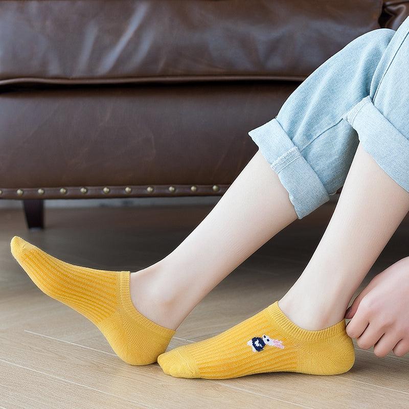 5 paires de chaussettes mignonnes à imprimé animal Kawaii, invisibles, amusantes, pour femmes, en coton, pour l'été, en silicone antidérapant, socquettes bateau pour hommes et femmes
