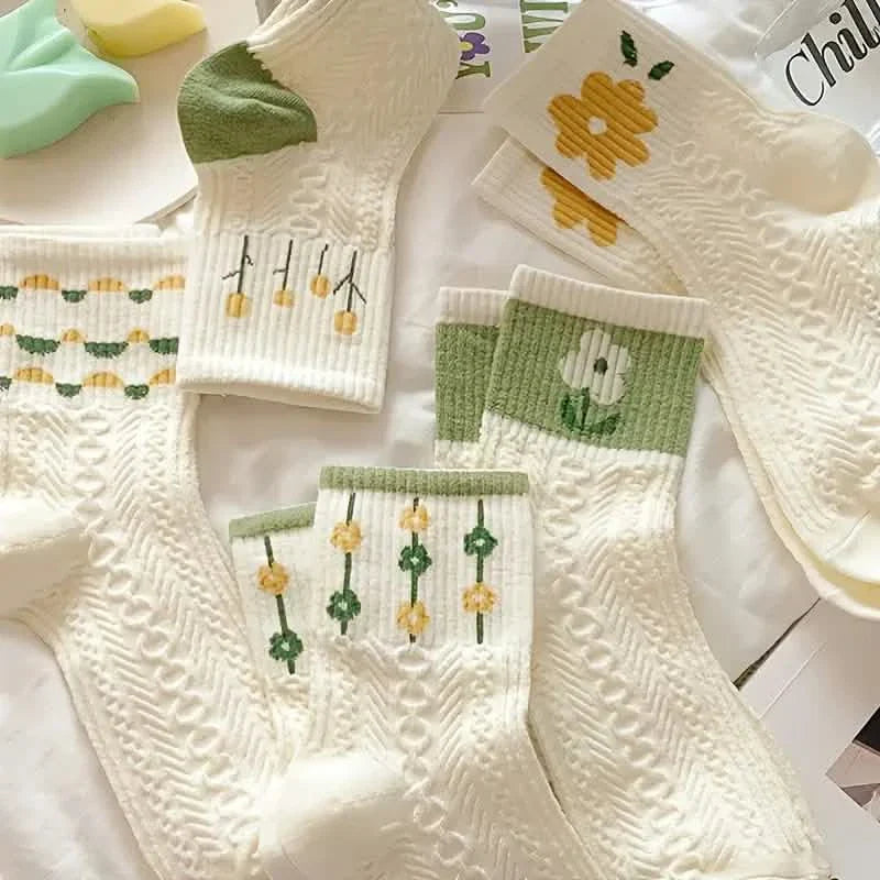 5 paires : Chaussettes rétro à motifs floraux