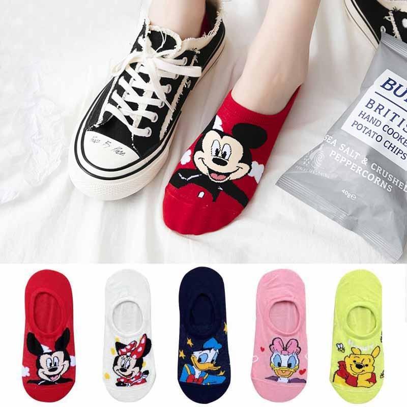 5 paires de chaussettes d'été pour femme, motif dessin animé ours et souris, mignonnes, amusantes, invisibles, en coton, pour femme
