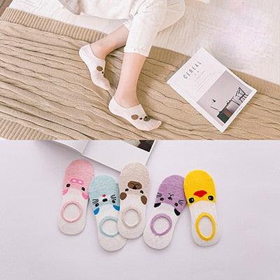 Lot de 5 paires de chaussettes courtes en coton pour femme, motifs chats mignons, imprimés animaux de dessin animé, chaussettes décontractées d'été, cœurs rouges, chaussettes amusantes à la cheville en pur coton pour hommes et femmes