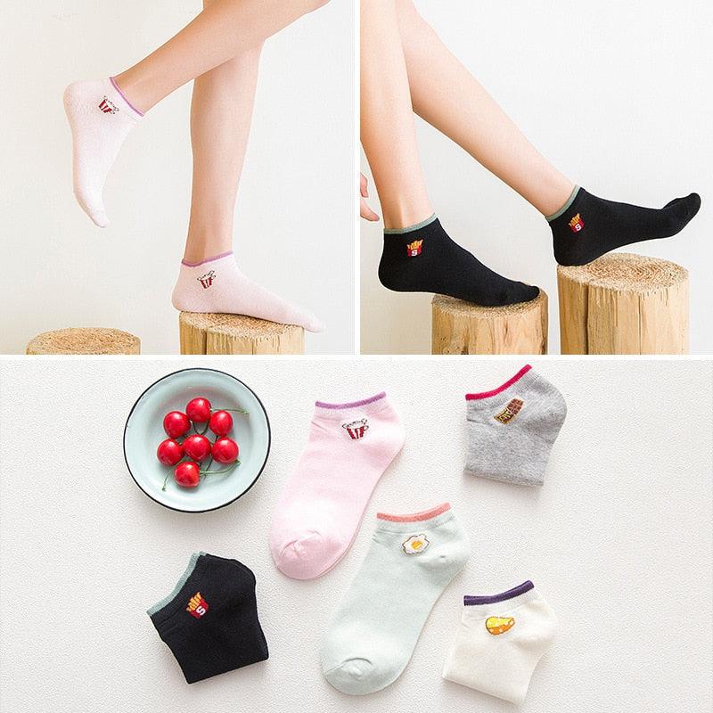 Lot de 5 paires de chaussettes courtes en coton pour femme, motifs chats mignons, imprimés animaux de dessin animé, chaussettes décontractées d'été, cœurs rouges, chaussettes amusantes à la cheville en pur coton pour hommes et femmes