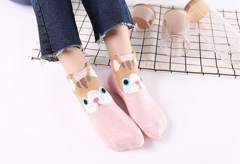 Lot de 5 paires de chaussettes courtes en coton pour femme, motifs chats mignons, imprimés animaux de dessin animé, chaussettes décontractées d'été, cœurs rouges, chaussettes amusantes à la cheville en pur coton pour hommes et femmes