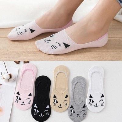 Lot de 5 paires de chaussettes courtes en coton pour femme, motifs chats mignons, imprimés animaux de dessin animé, chaussettes décontractées d'été, cœurs rouges, chaussettes amusantes à la cheville en pur coton pour hommes et femmes