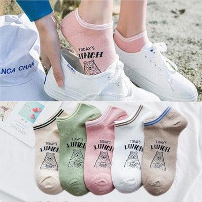 Lot de 5 paires de chaussettes courtes en coton pour femme, motifs chats mignons, imprimés animaux de dessin animé, chaussettes décontractées d'été, cœurs rouges, chaussettes amusantes à la cheville en pur coton pour hommes et femmes