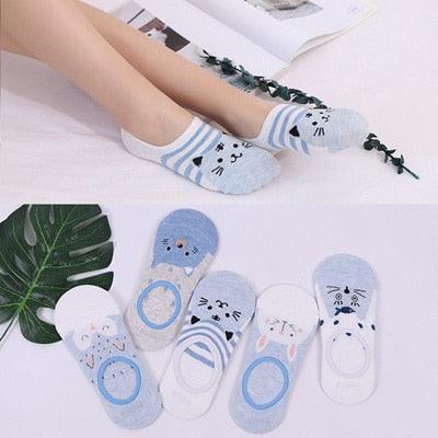 Lot de 5 paires de chaussettes courtes en coton pour femme, motifs chats mignons, imprimés animaux de dessin animé, chaussettes décontractées d'été, cœurs rouges, chaussettes amusantes à la cheville en pur coton pour hommes et femmes