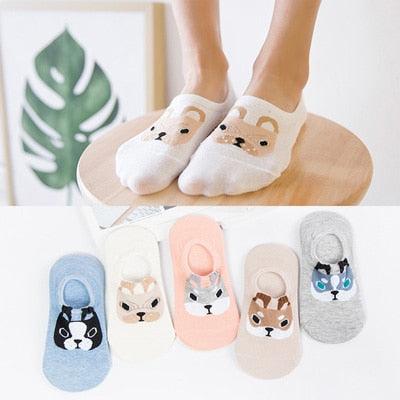 Lot de 5 paires de chaussettes courtes en coton pour femme, motifs chats mignons, imprimés animaux de dessin animé, chaussettes décontractées d'été, cœurs rouges, chaussettes amusantes à la cheville en pur coton pour hommes et femmes