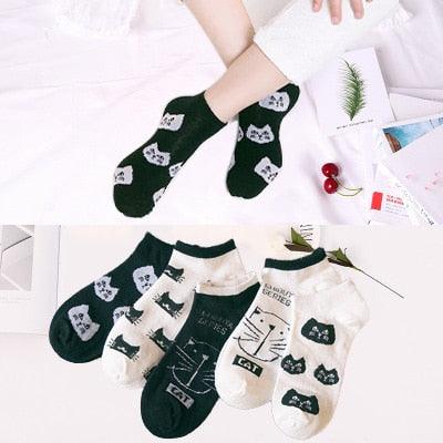 Lot de 5 paires de chaussettes courtes en coton pour femme, motifs chats mignons, imprimés animaux de dessin animé, chaussettes décontractées d'été, cœurs rouges, chaussettes amusantes à la cheville en pur coton pour hommes et femmes