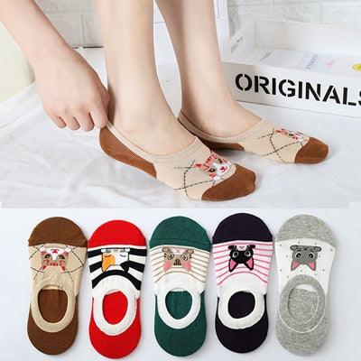 Lot de 5 paires de chaussettes courtes en coton pour femme, motifs chats mignons, imprimés animaux de dessin animé, chaussettes décontractées d'été, cœurs rouges, chaussettes amusantes à la cheville en pur coton pour hommes et femmes