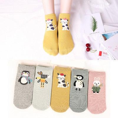 Lot de 5 paires de chaussettes courtes en coton pour femme, motifs chats mignons, imprimés animaux de dessin animé, chaussettes décontractées d'été, cœurs rouges, chaussettes amusantes à la cheville en pur coton pour hommes et femmes