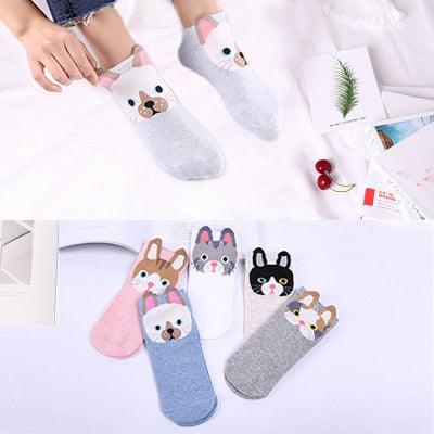 Lot de 5 paires de chaussettes courtes en coton pour femme, motifs chats mignons, imprimés animaux de dessin animé, chaussettes décontractées d'été, cœurs rouges, chaussettes amusantes à la cheville en pur coton pour hommes et femmes