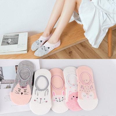 Lot de 5 paires de chaussettes courtes en coton pour femme, motifs chats mignons, imprimés animaux de dessin animé, chaussettes décontractées d'été, cœurs rouges, chaussettes amusantes à la cheville en pur coton pour hommes et femmes