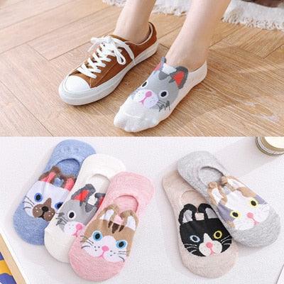 Lot de 5 paires de chaussettes courtes en coton pour femme, motifs chats mignons, imprimés animaux de dessin animé, chaussettes décontractées d'été, cœurs rouges, chaussettes amusantes à la cheville en pur coton pour hommes et femmes
