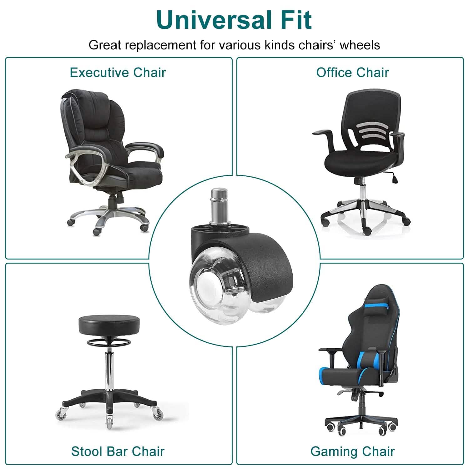 Lot de 5 : roulettes de rechange pour chaise de bureau