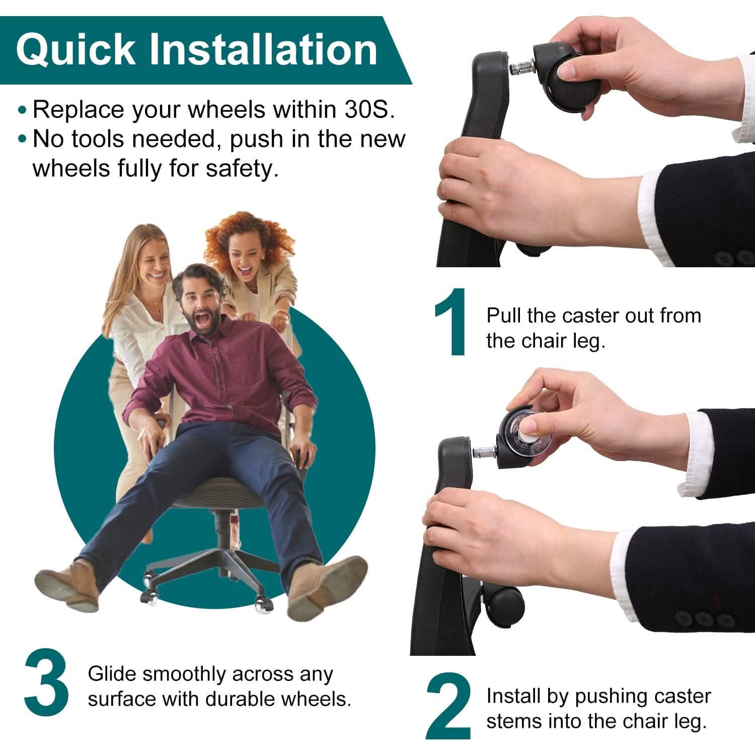 Lot de 5 : roulettes de rechange pour chaise de bureau