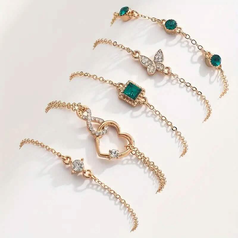 Lot de 5 Bracelets : Amour Infini Diamants Brillants Géométrique Vert Strass