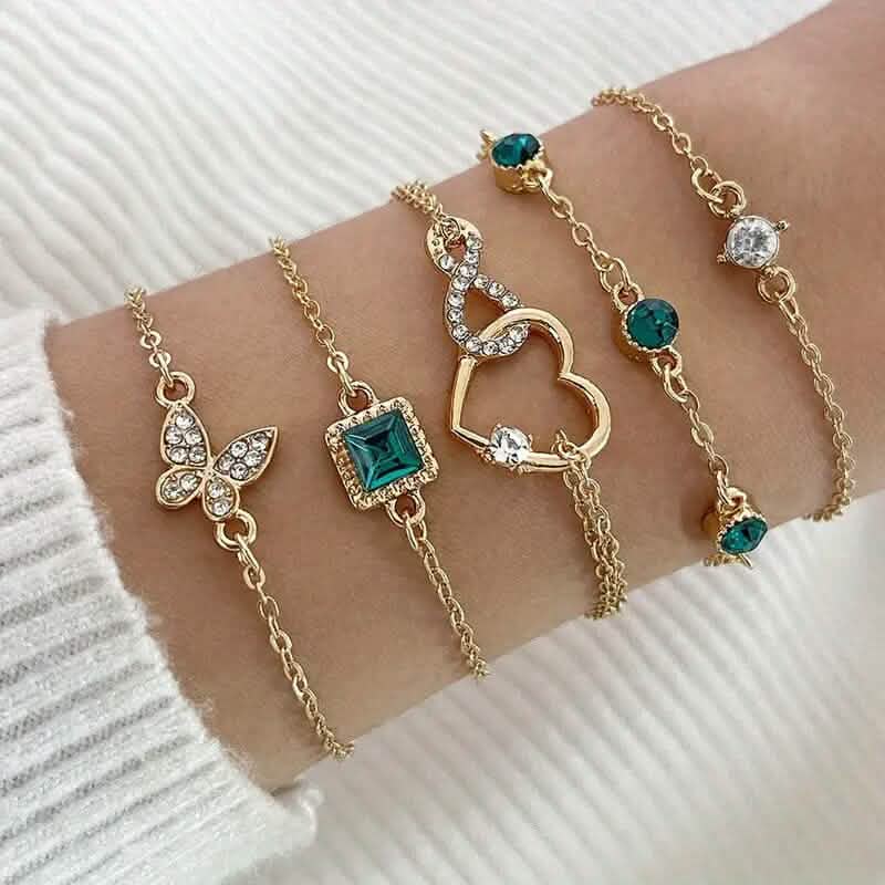 Lot de 5 Bracelets : Amour Infini Diamants Brillants Géométrique Vert Strass