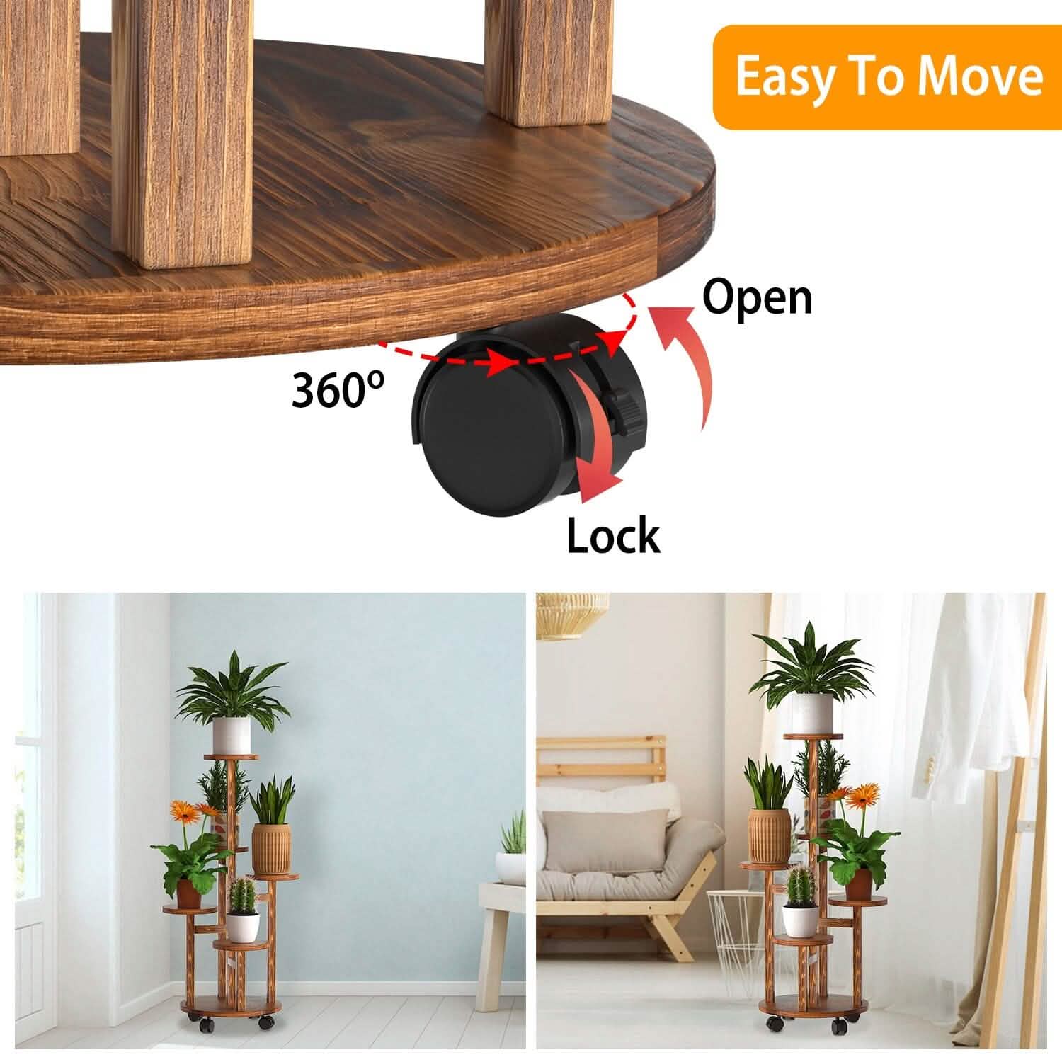 Étagère à Plantes à 5 Niveaux avec 4 Roues Détachables, Support à Fleurs en Bois Roulant