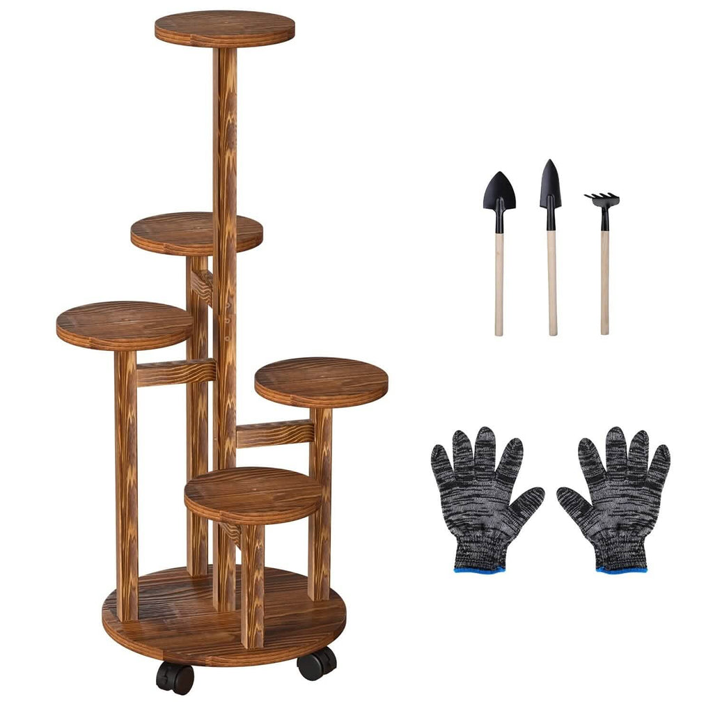Étagère à Plantes à 5 Niveaux avec 4 Roues Détachables, Support à Fleurs en Bois Roulant