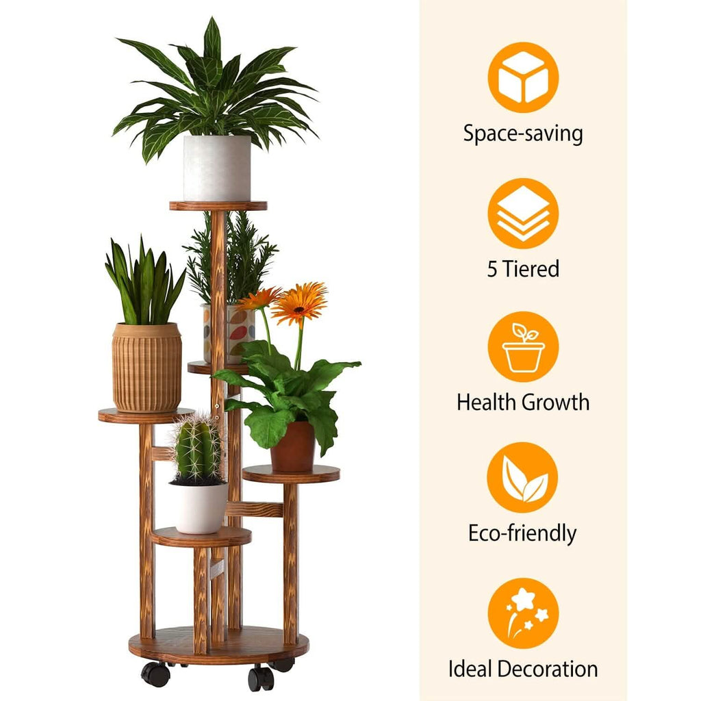 Étagère à Plantes à 5 Niveaux avec 4 Roues Détachables, Support à Fleurs en Bois Roulant