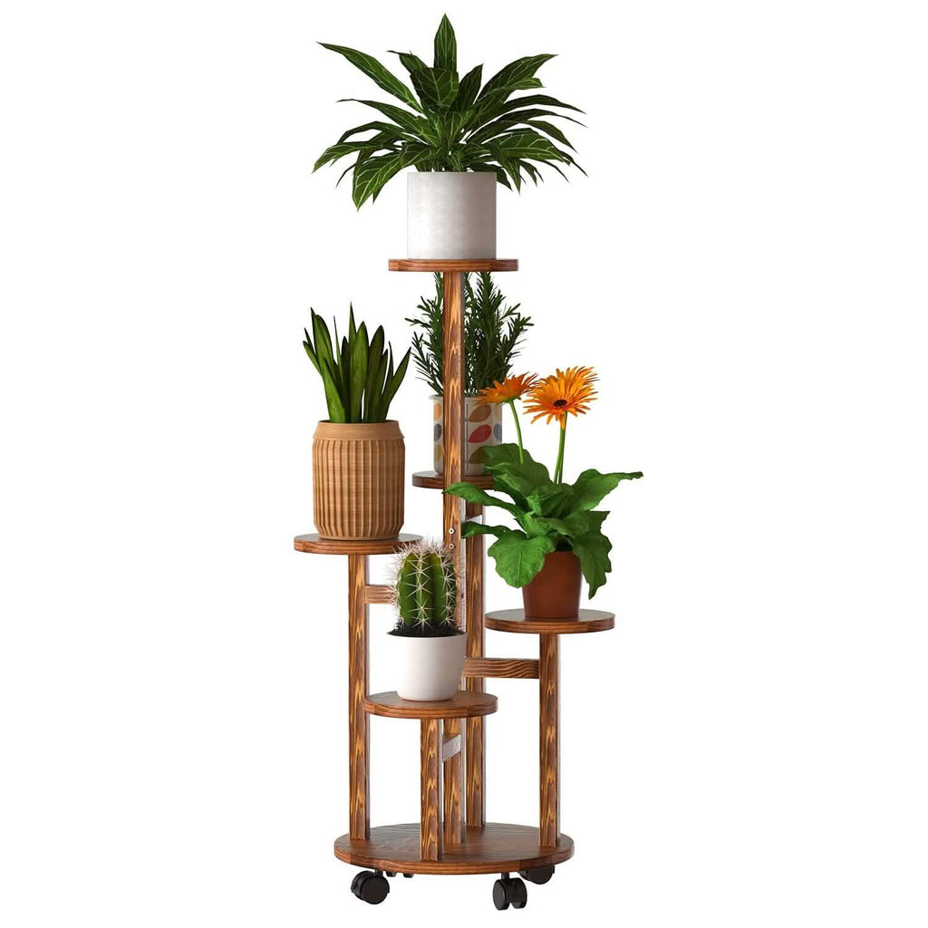 Étagère à Plantes à 5 Niveaux avec 4 Roues Détachables, Support à Fleurs en Bois Roulant