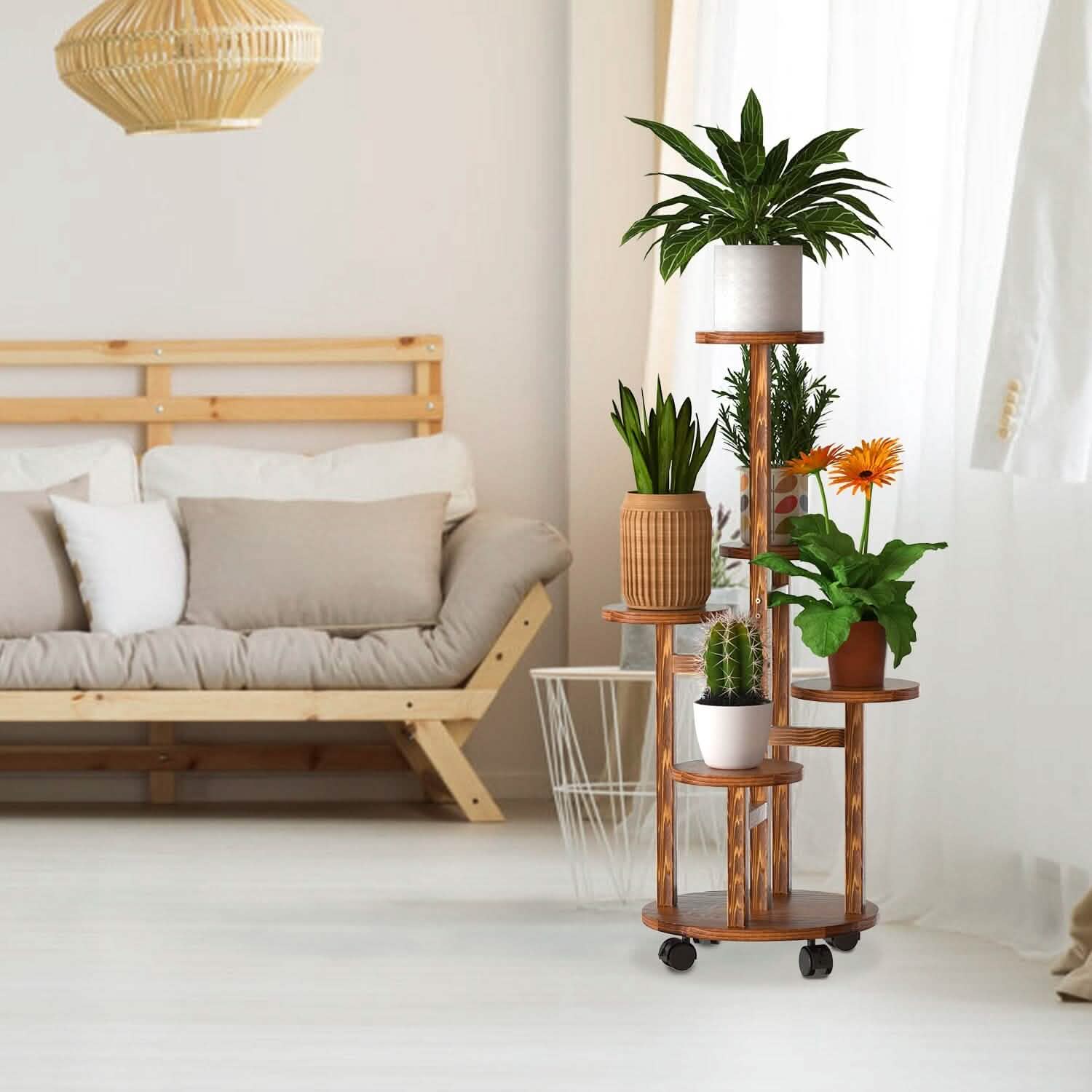 Étagère à Plantes à 5 Niveaux avec 4 Roues Détachables, Support à Fleurs en Bois Roulant