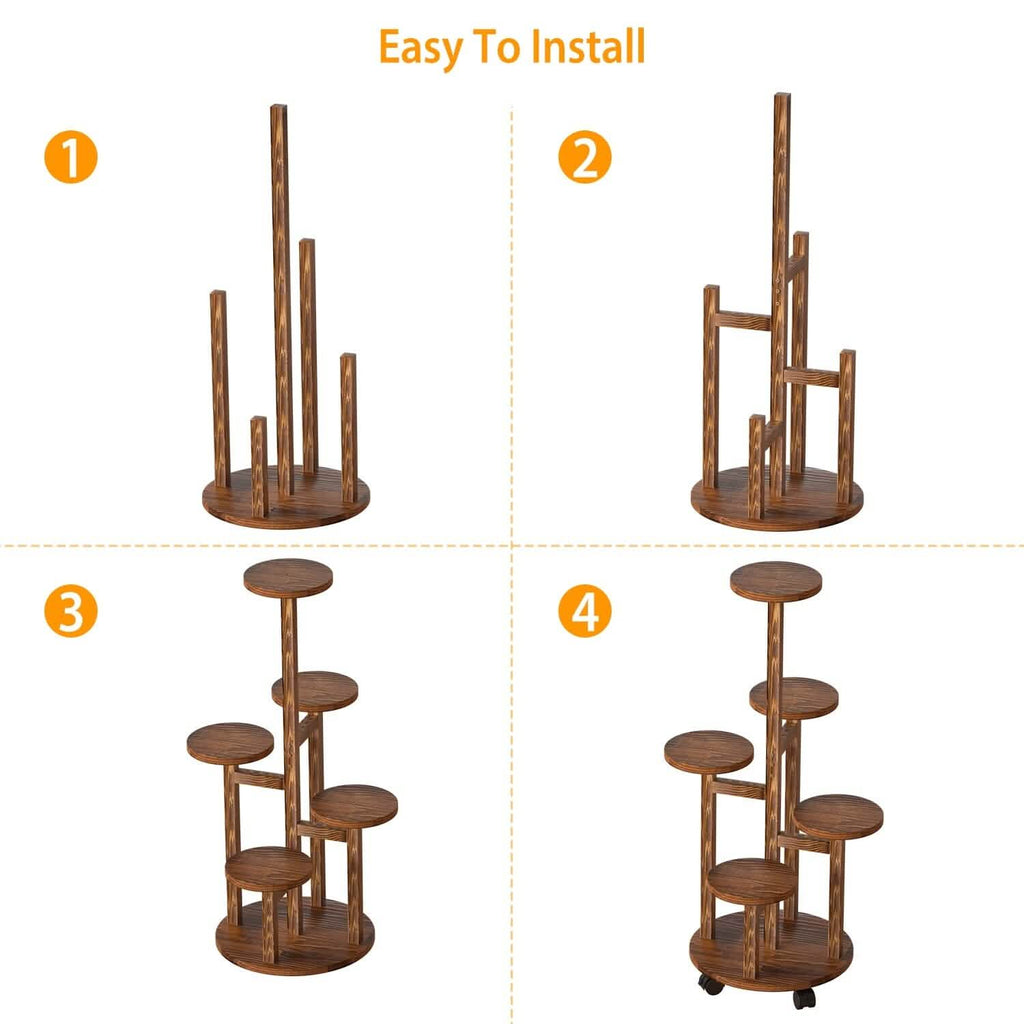 Étagère à Plantes à 5 Niveaux avec 4 Roues Détachables, Support à Fleurs en Bois Roulant