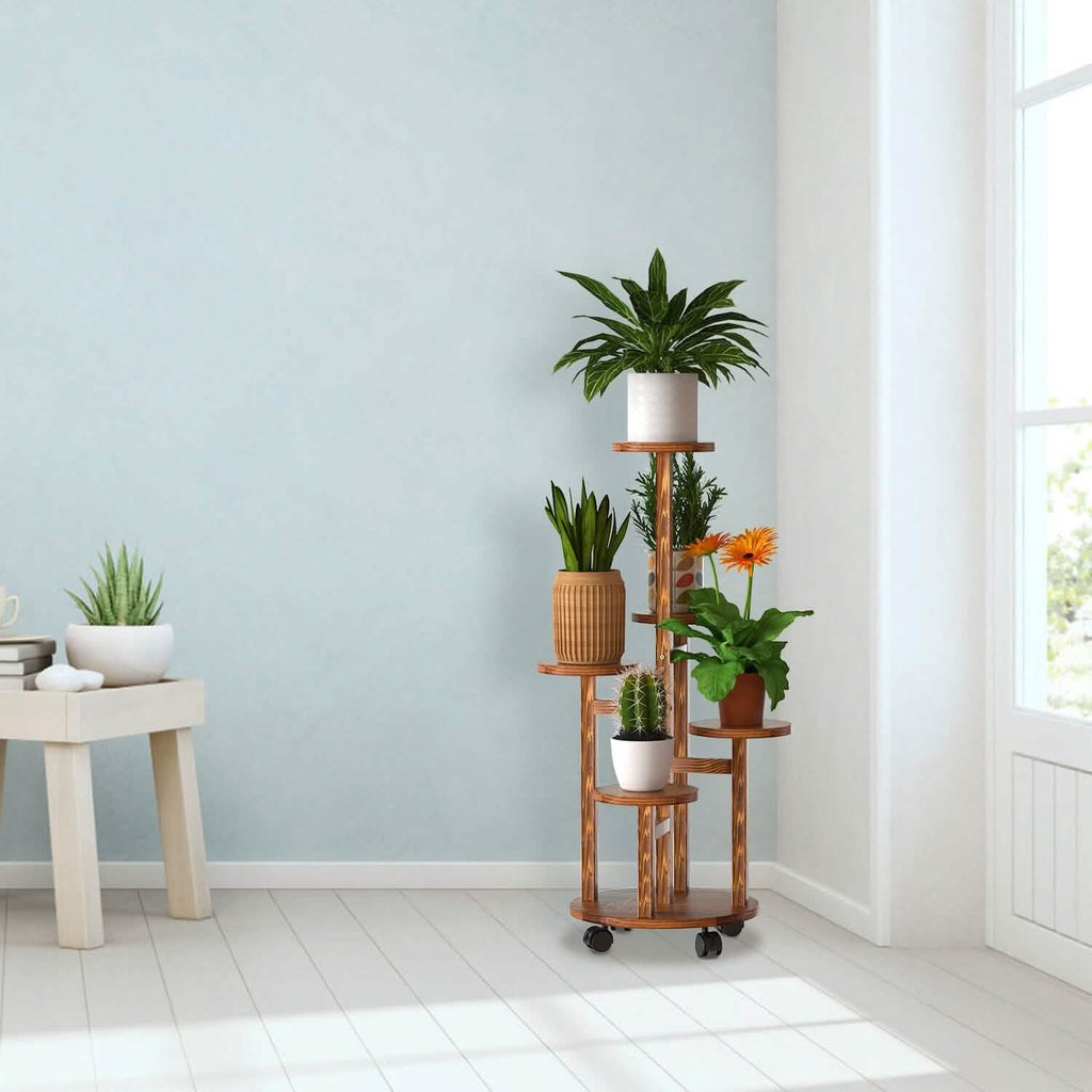 Étagère à Plantes à 5 Niveaux avec 4 Roues Détachables, Support à Fleurs en Bois Roulant