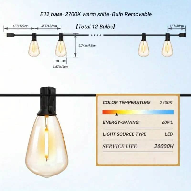 Guirlande lumineuse solaire d'extérieur de 15,24 m avec télécommande et ampoules Edison vintage ST38