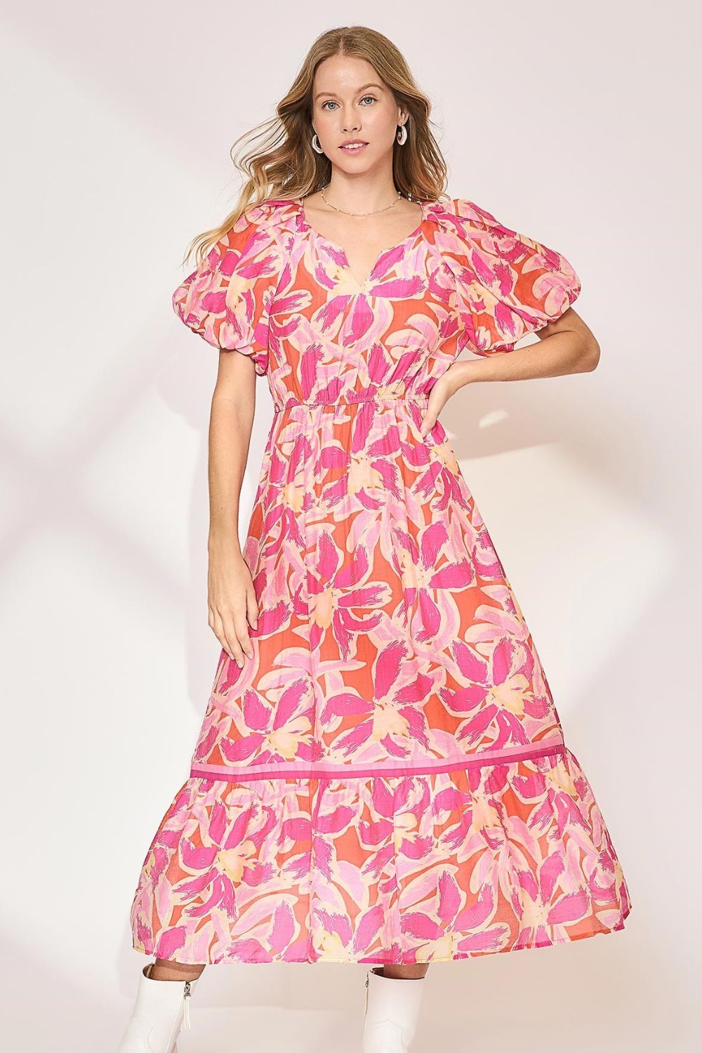 Nouvelle robe mi-longue d'été à manches bouffantes et encoche florale pour femmes – Robe mi-longue fluide et élégante à imprimé floral avec encolure à encoche tendance et manches bouffantes