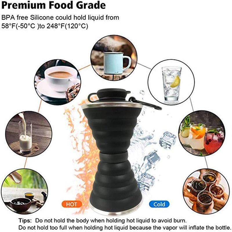 Bouteille d'eau en silicone 500ML Tasse pliable Antifuite Portable Bouteilles d'eau de sport de voyage pour l'extérieur, les voyages, la gym, la randonnée, réutilisable, sans BPA, bouteille d'eau pliable