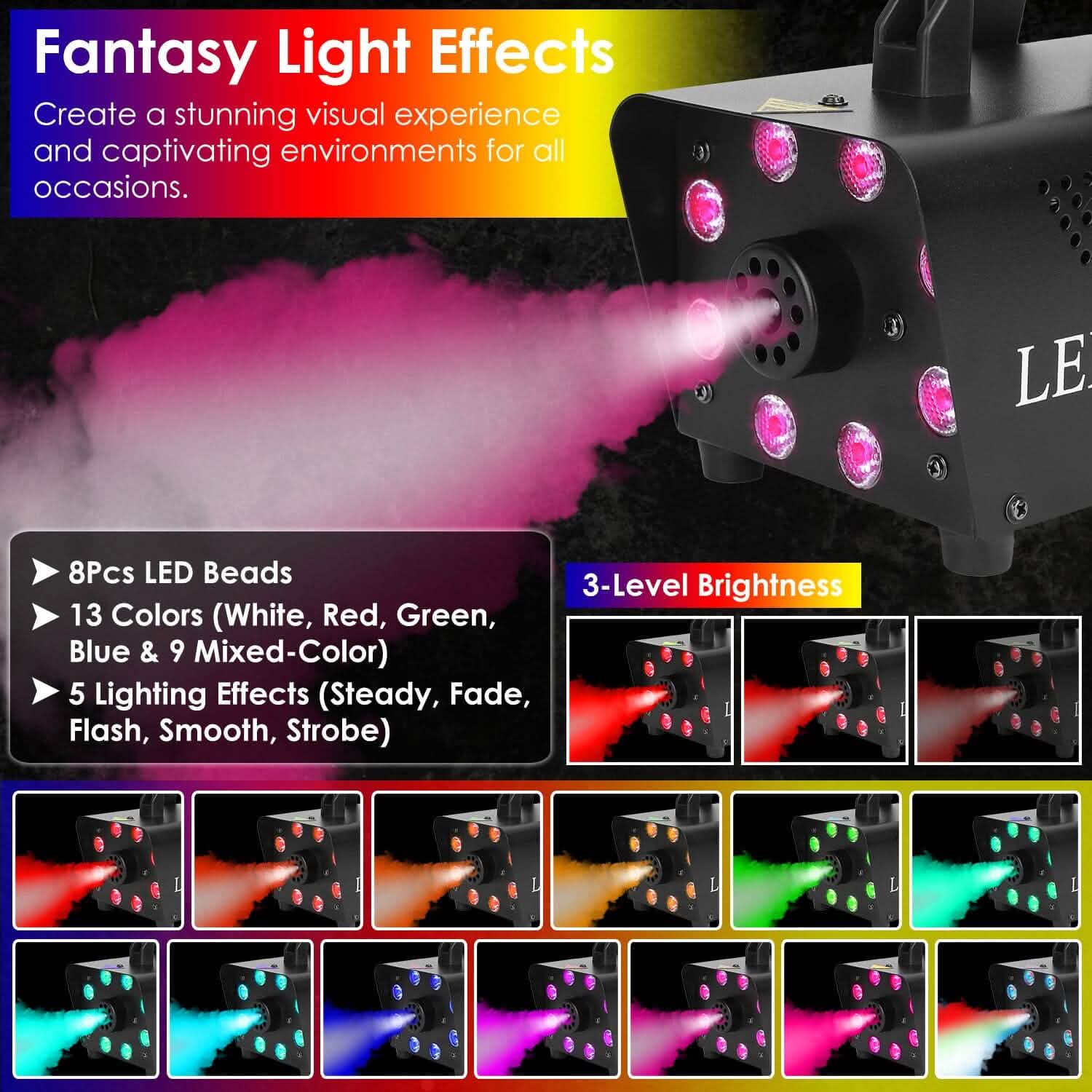 Machine à brouillard 500W Machine à fumée colorée 2000CFM avec 8 LED 5 effets lumineux 3 niveaux de luminosité