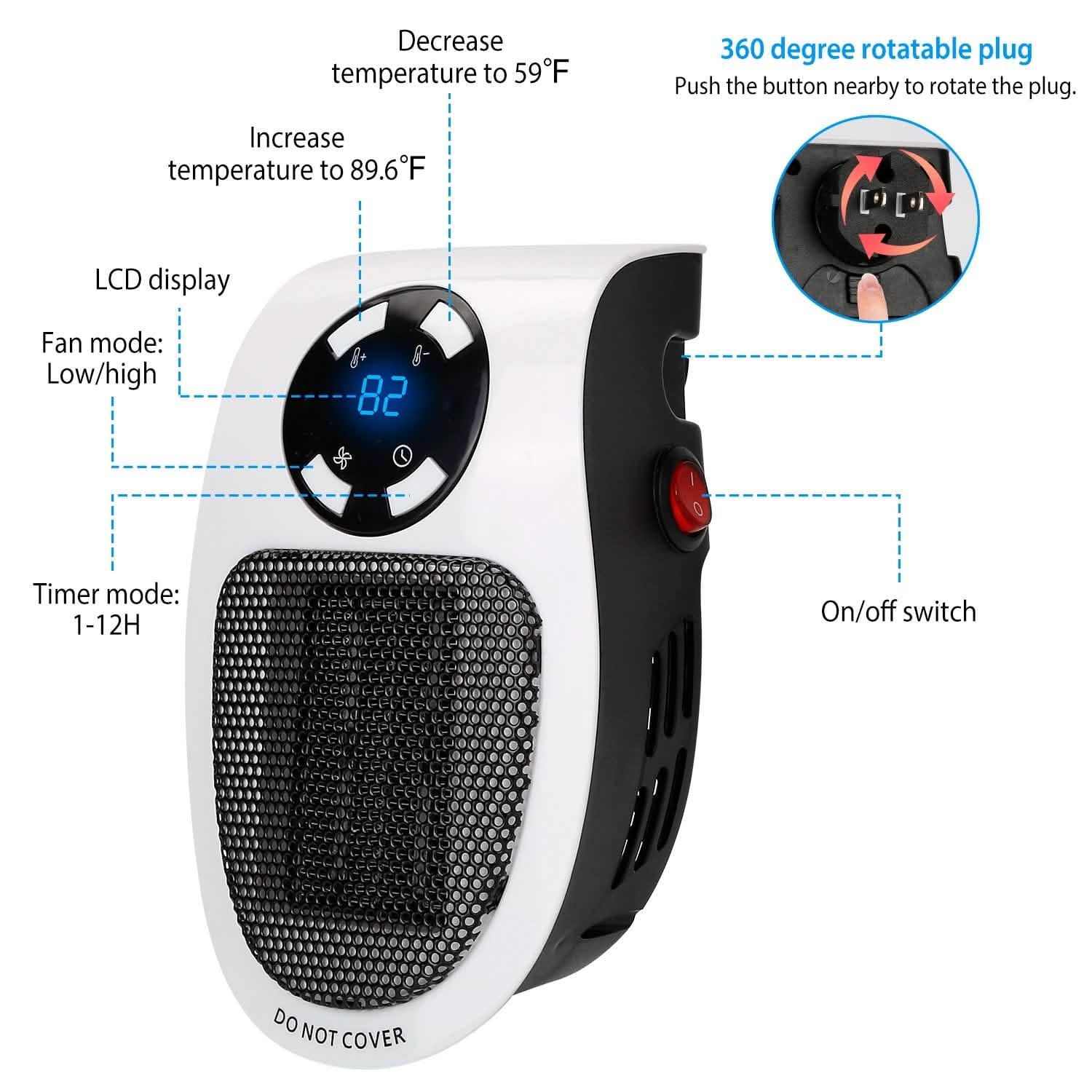 Radiateur soufflant portable 500 W à brancher sur prise murale avec télécommande