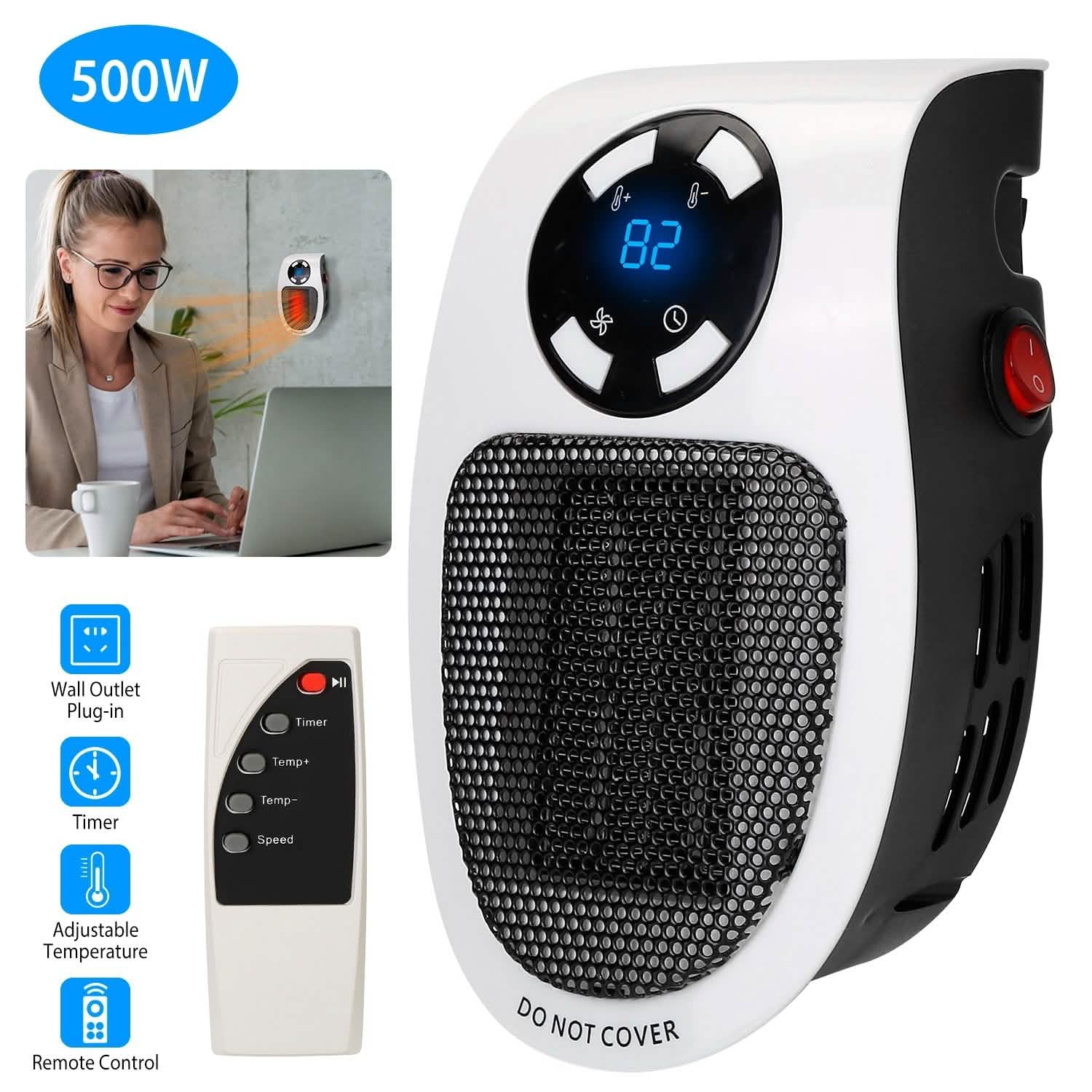 Radiateur soufflant portable 500 W à brancher sur prise murale avec télécommande