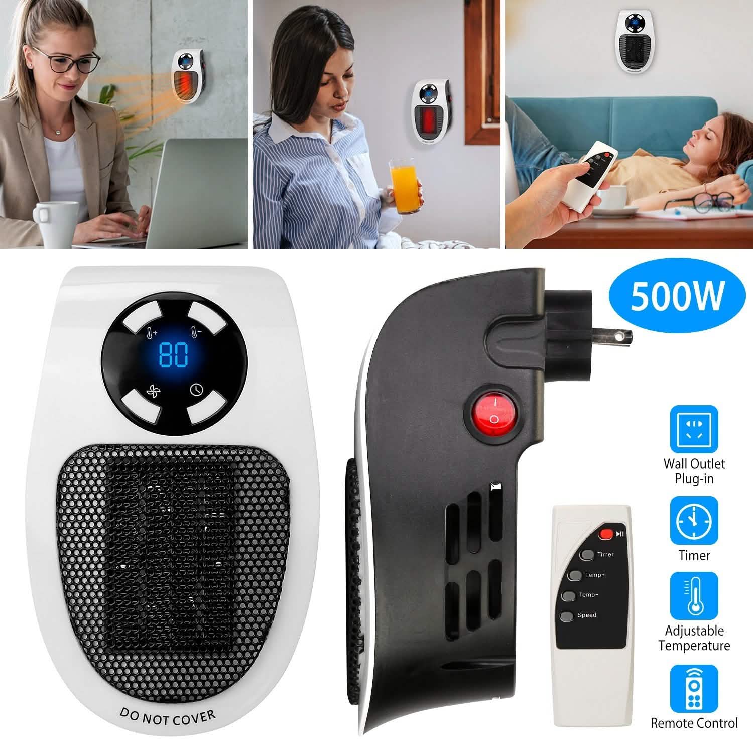 Radiateur soufflant portable 500 W à brancher sur prise murale avec télécommande