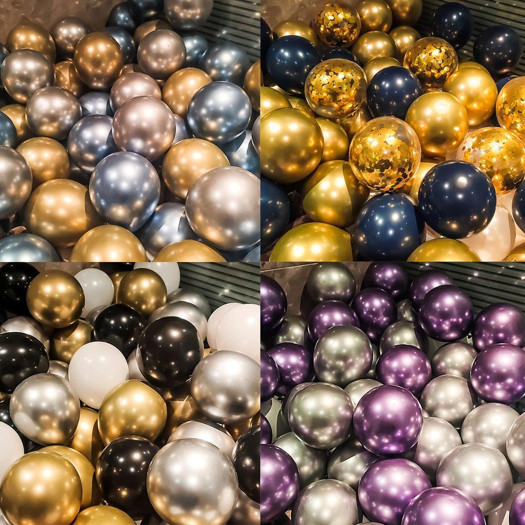 Ballons de confettis en latex métallisés or, argent et noir de 10 pouces - 50/15 pièces - pour décorations de mariage, d'anniversaire, de douches nuptiales et de baby showers