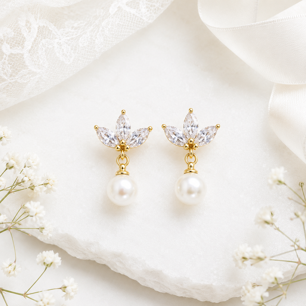 Marquise CZ Pearl Drop Bridal Earrings