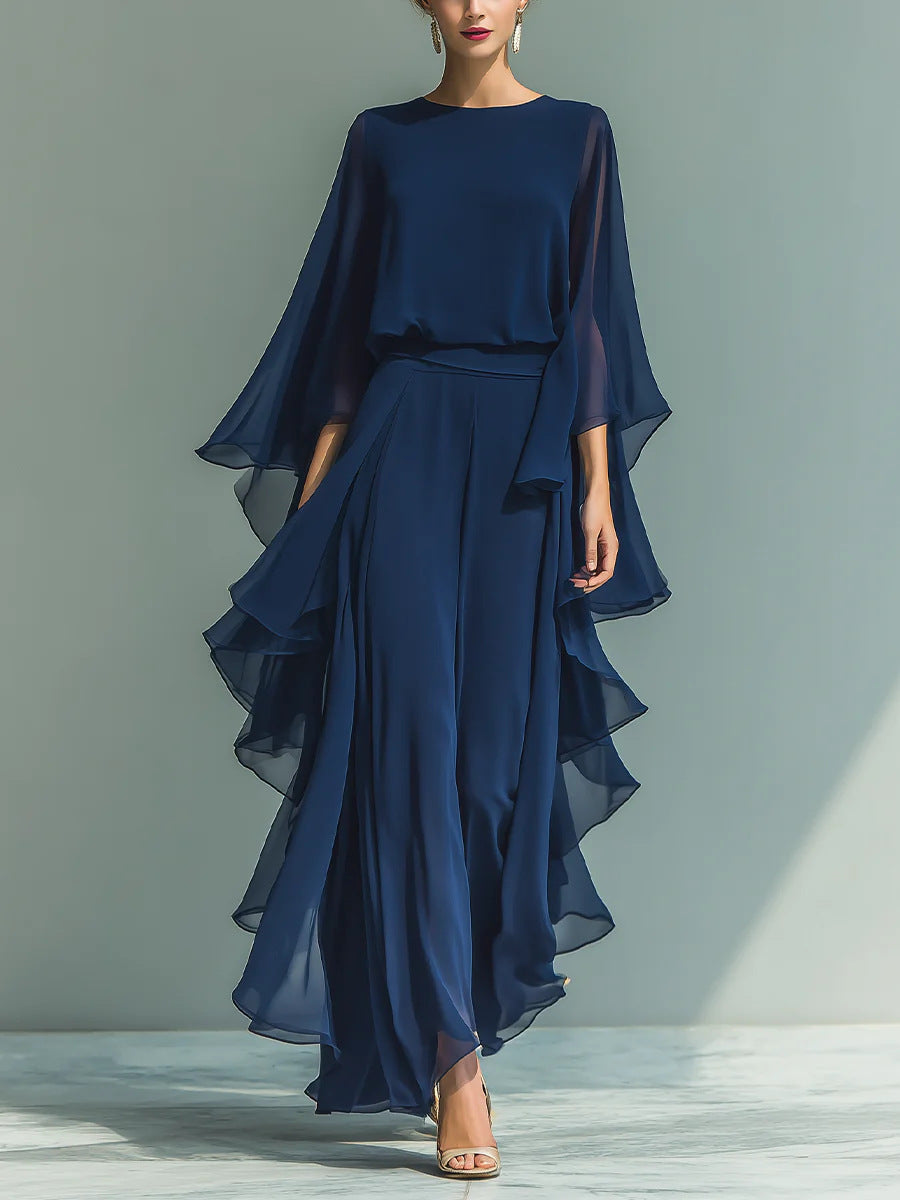 Ensemble Pantalon Large et Volants Bleu Profond – Tenue Élégante Deux Pièces à Manches Chauve-Souris pour Femme