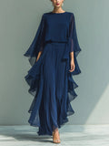 Ensemble Pantalon Large et Volants Bleu Profond – Tenue Élégante Deux Pièces à Manches Chauve-Souris pour Femme