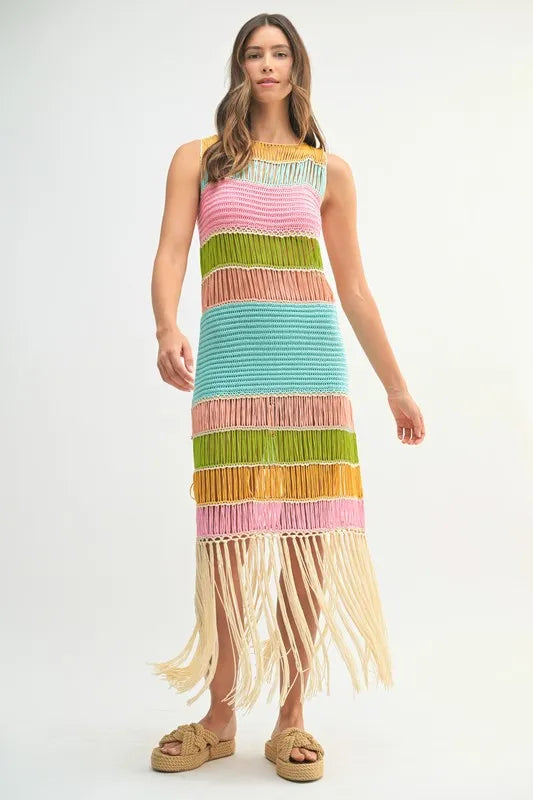 Robe Femme Tricotée au Crochet Franges Multicolores – Robe Tricotée au Crochet, Robe à Franges, Robe Multicolore, Robe Tricotée Bohème, Robe de Festival