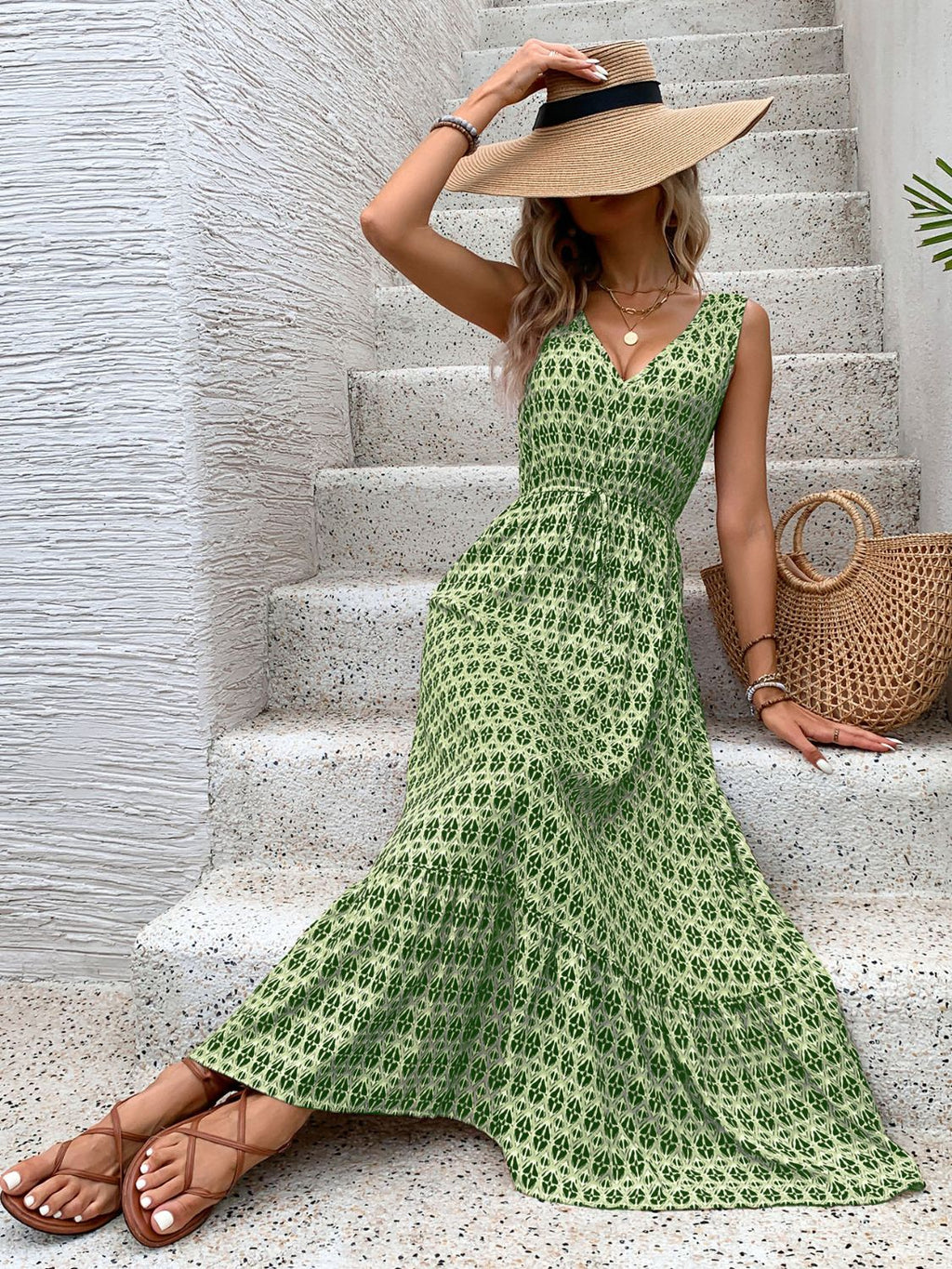 Robe midi vintage imprimée à col en V, nouée à la taille, légère, tendance et élégante pour femme