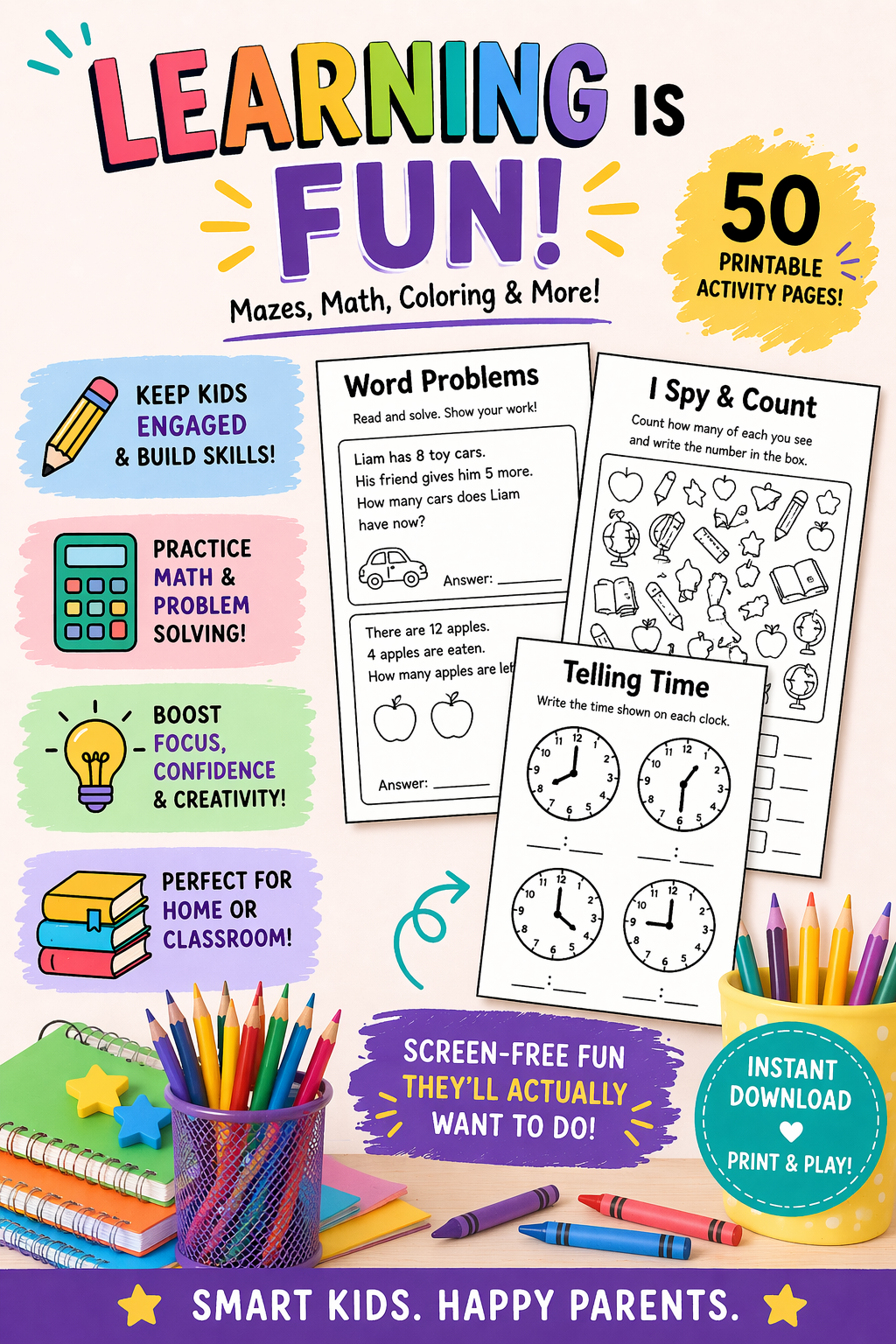 Summer Activity Book for Kids – 50-Page Canva Template with Coloring, Puzzles & Journal Prompts