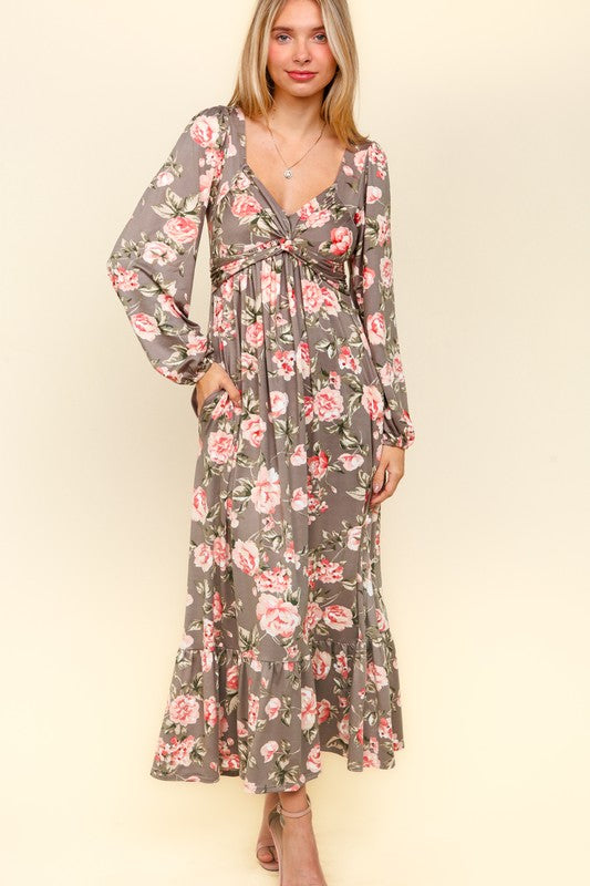 Robe florale à détail torsadé et ourlet volanté avec poches latérales pour femme – Imprimé floral féminin, détail torsadé sophistiqué, ourlet volanté amusant et poches pratiques