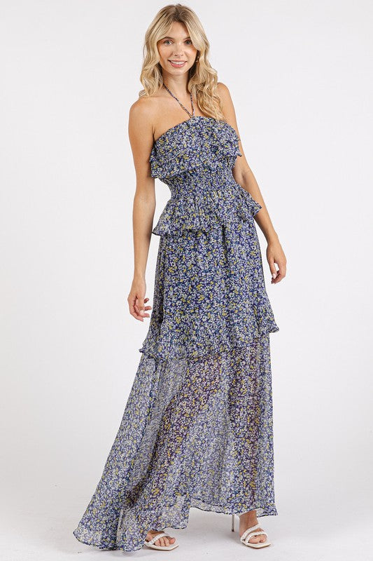 Robe longue d'été fleurie à volants et dos nu – Robe longue fleurie féminine et élégante avec taille smockée