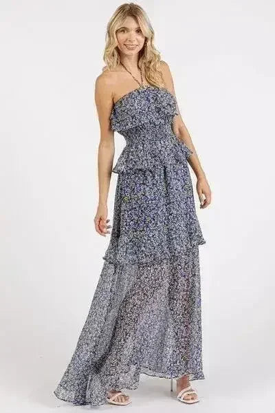 Robe longue à fleurs froncée et à col bénitier Mittoshop