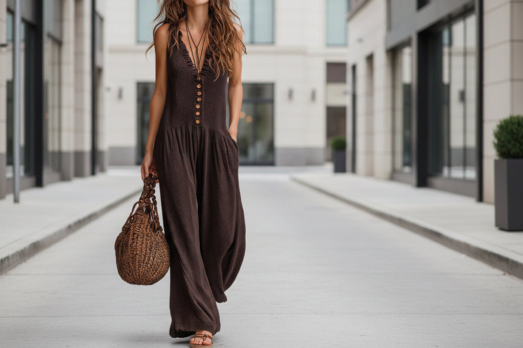 Combinaison ample sans manches à col en V et jambes larges pour femme