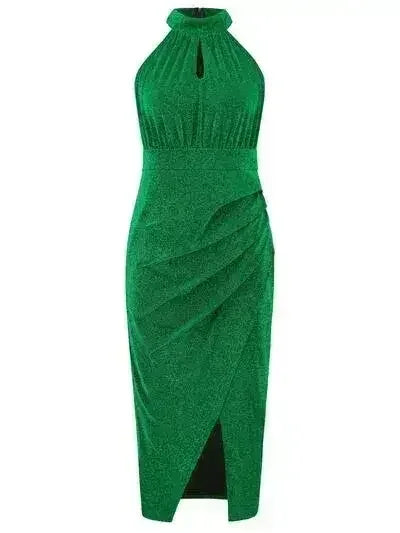 Robe sans manches à col montant, froncée et fendue