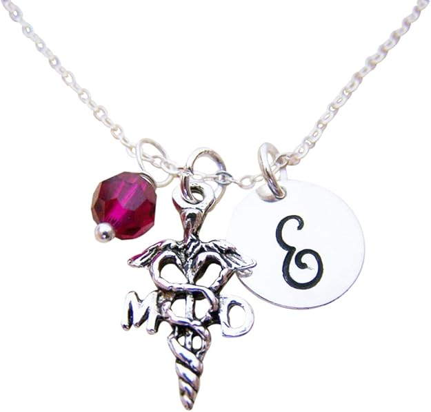 Collier MD personnalisé avec initiale et pierre de naissance – Cadeau pour médecin en argent sterling – Collier avec pendentif médical – Cadeau de fin d'études pour médecin