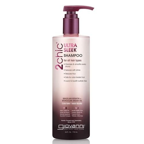 Giovanni Shampoing Ultra-Lissant 2Chic - Phyto-Kératine Brésilienne et Huile d'Argan Marocaine, Formule Anti-Frisottis, Noix de Coco, Beurre de Karité, Pro-Vitamine B5, Sans Danger pour Cheveux Colorés, Sans Parabènes - 710 ml